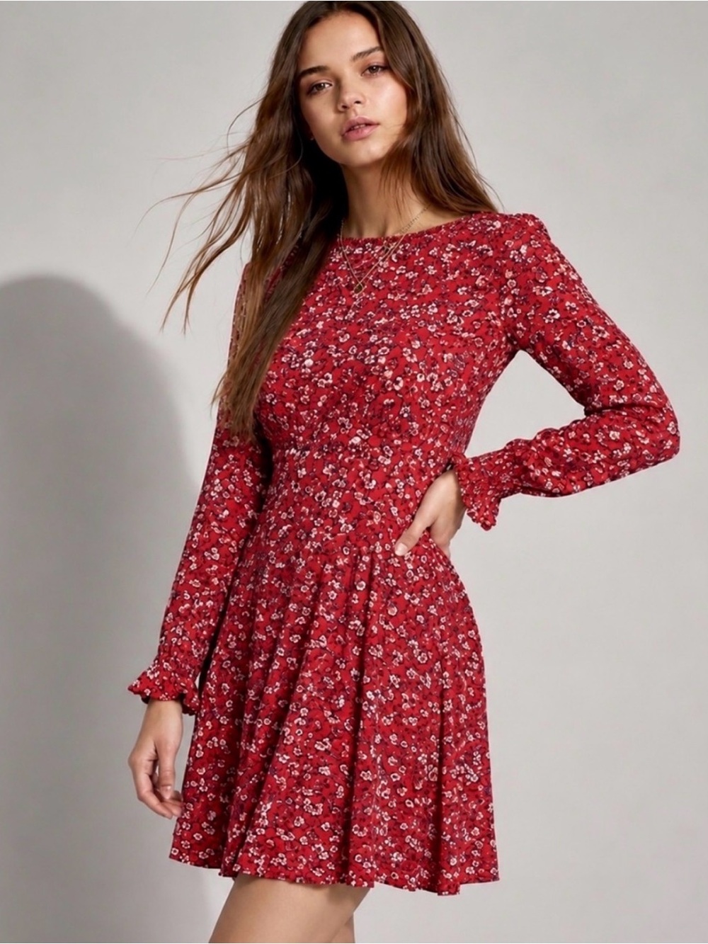 FREE PEOPLE Wildflower Lane Red Floral Long Sleeve Mini Dress XS